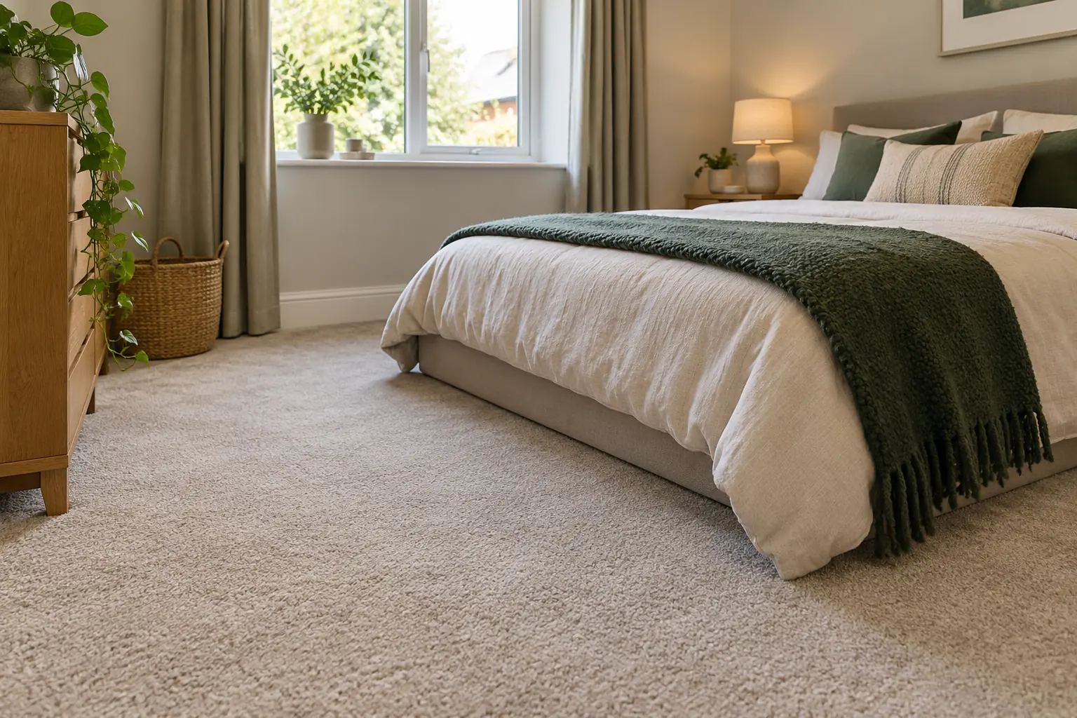 A small welcoming bedroom with a freshly fitted neutral carpet