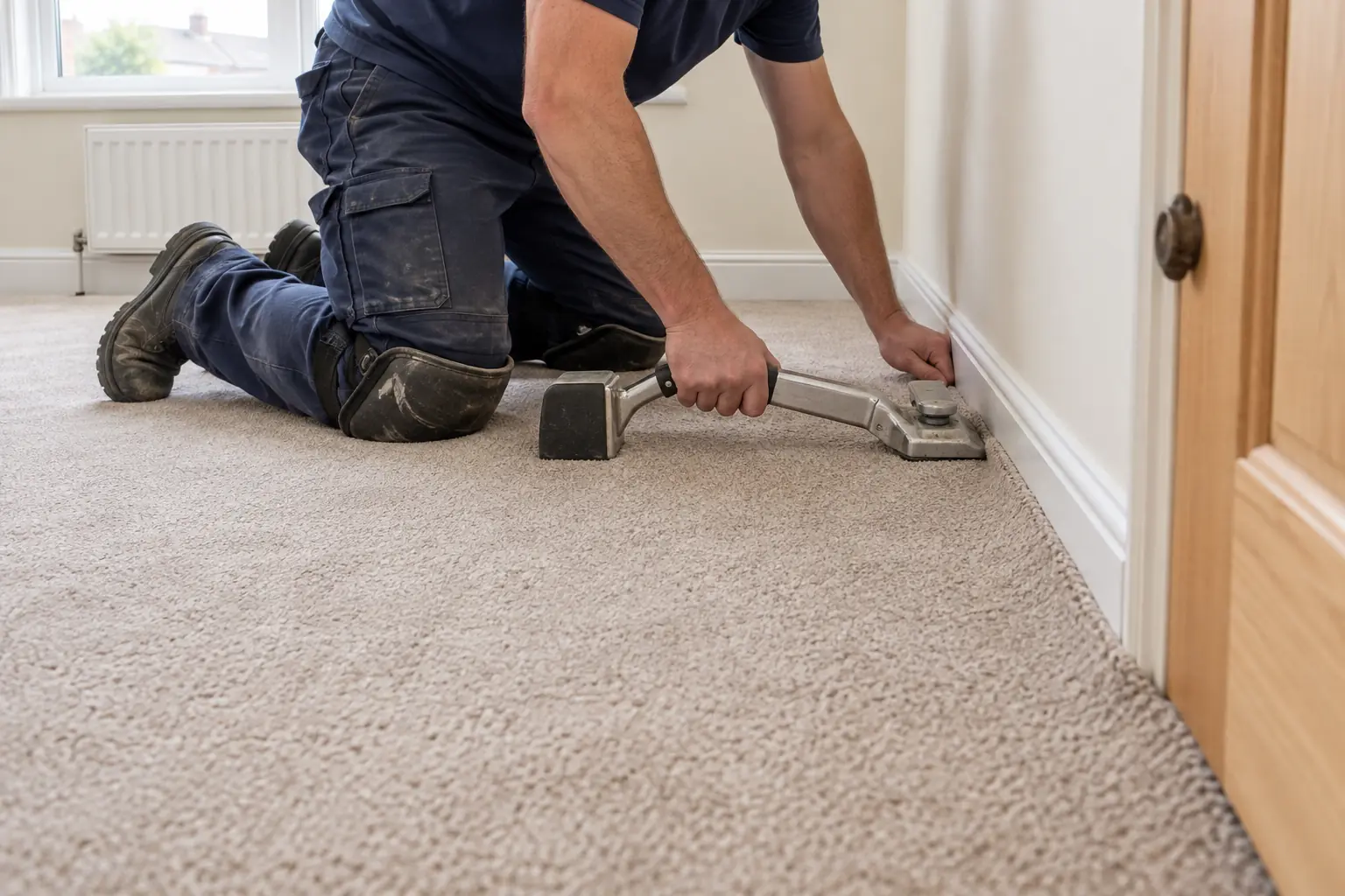 An installer fitting a neutral carpet in a small bedroom
