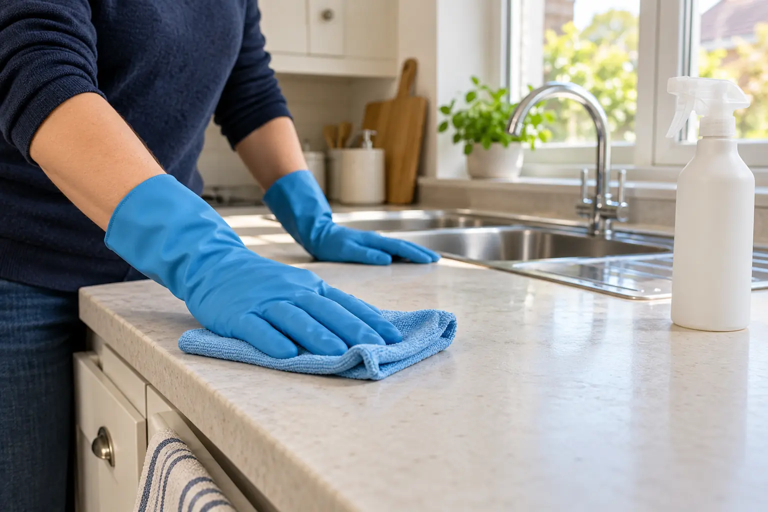 Gloved hands cleaning a kitchen worktop with a microfibre cloth