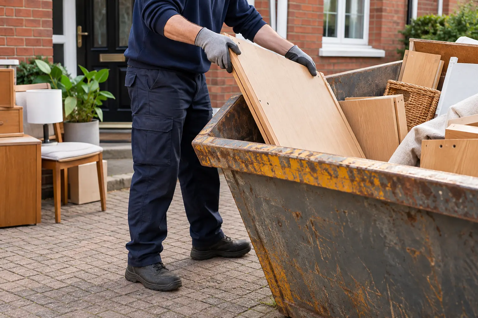 Household items being organised beside a customer-provided skip