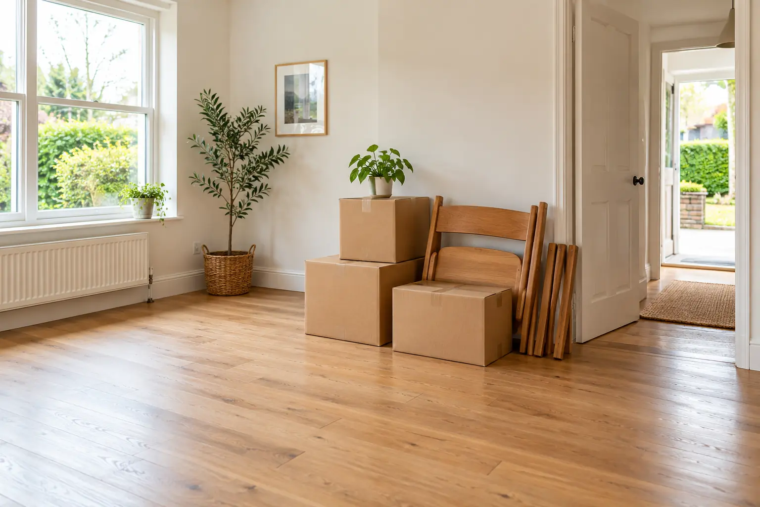 An orderly cleared room with a few sorted household items by the door