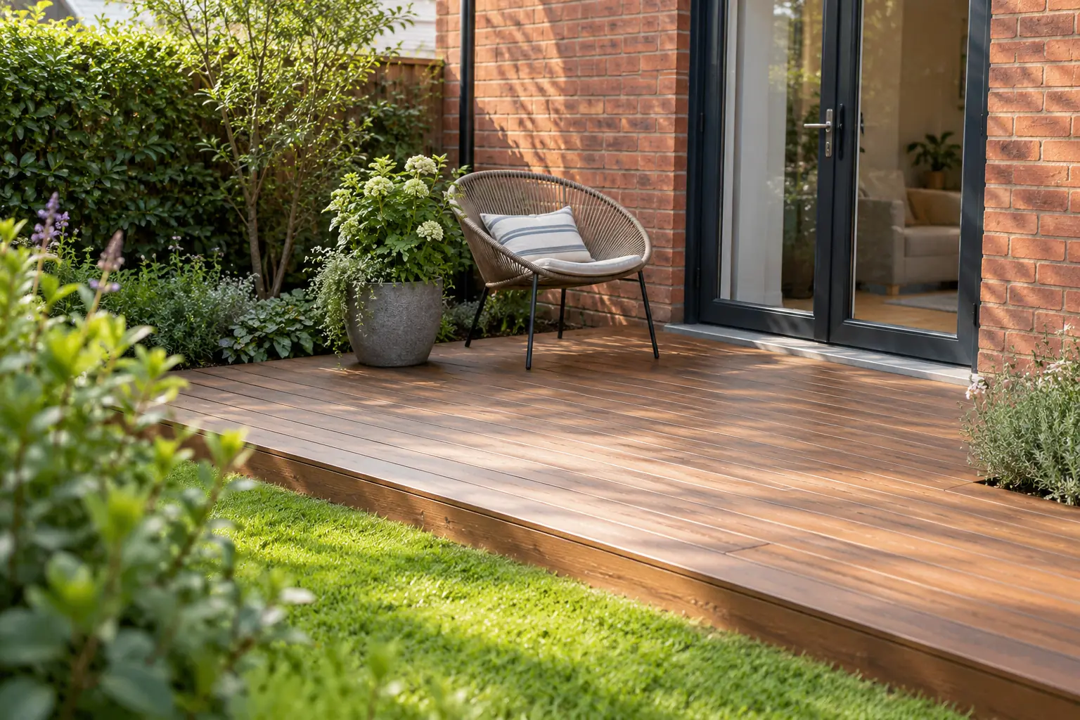 A clean residential timber deck beside an Irish-style back garden