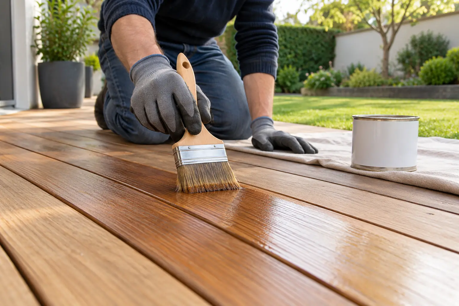 Gloved hands applying a suitable finish to timber decking