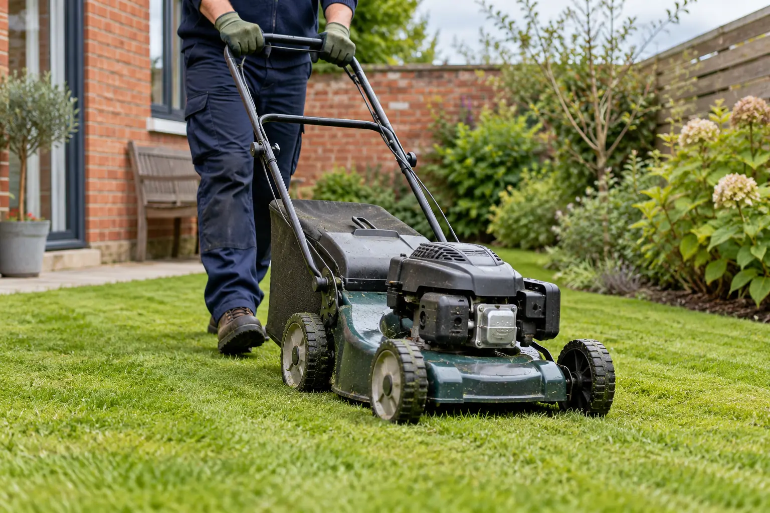 A gardener mowing a small residential lawn
