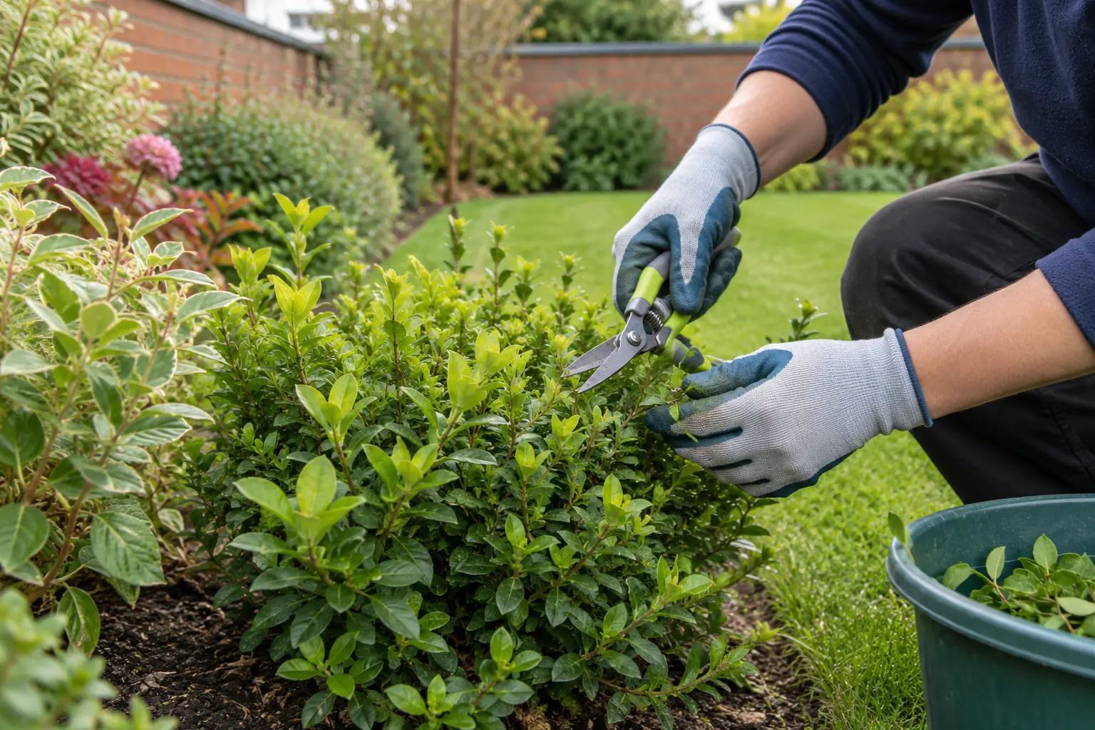 Gloved hands tidying a garden border with hand shears
