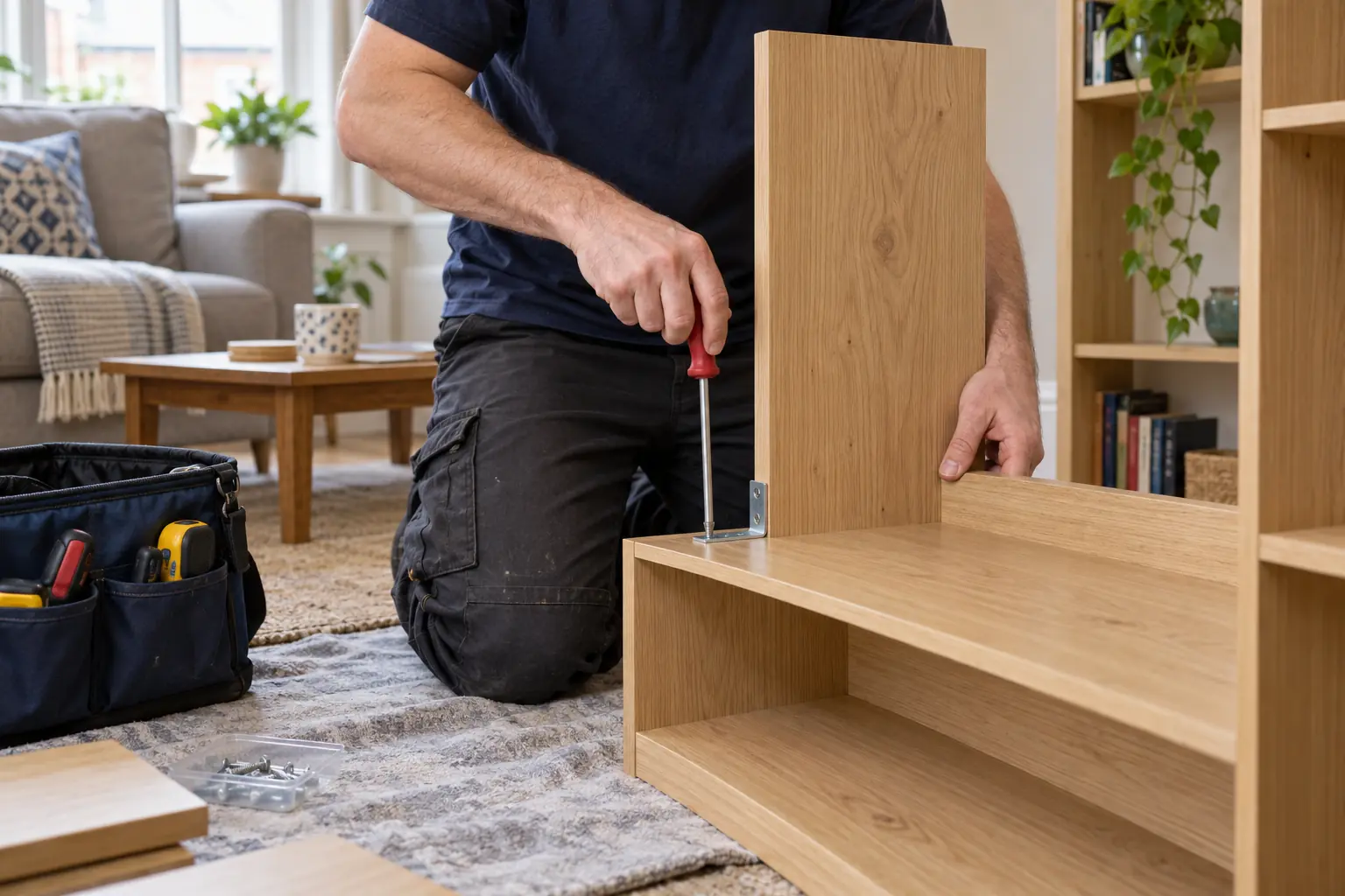 A worker fastening a furniture bracket with a correctly aligned manual screwdriver
