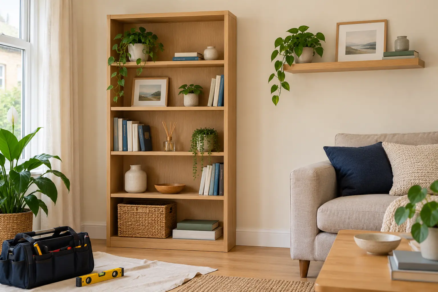 A neatly assembled oak bookcase and fitted shelf in a home