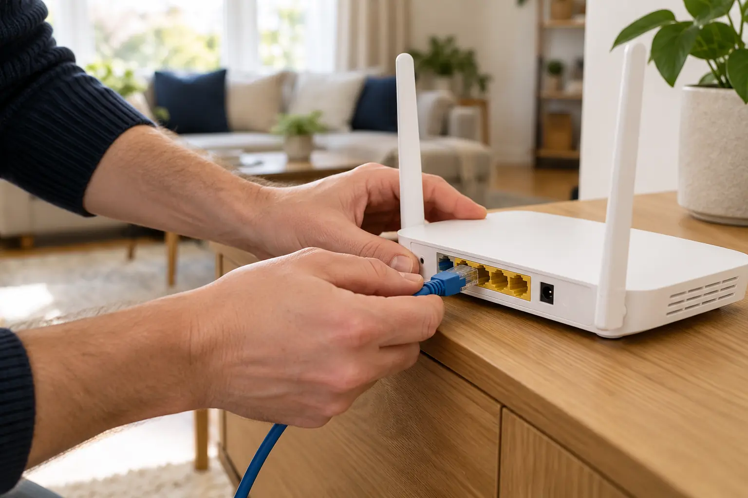 Hands connecting an Ethernet cable to a home Wi-Fi router