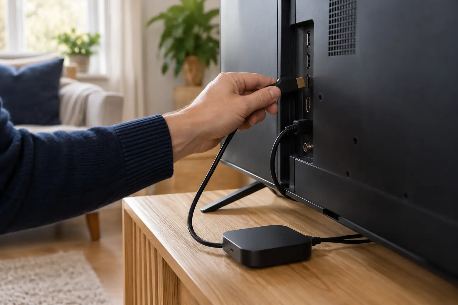A home television and streaming device being connected neatly