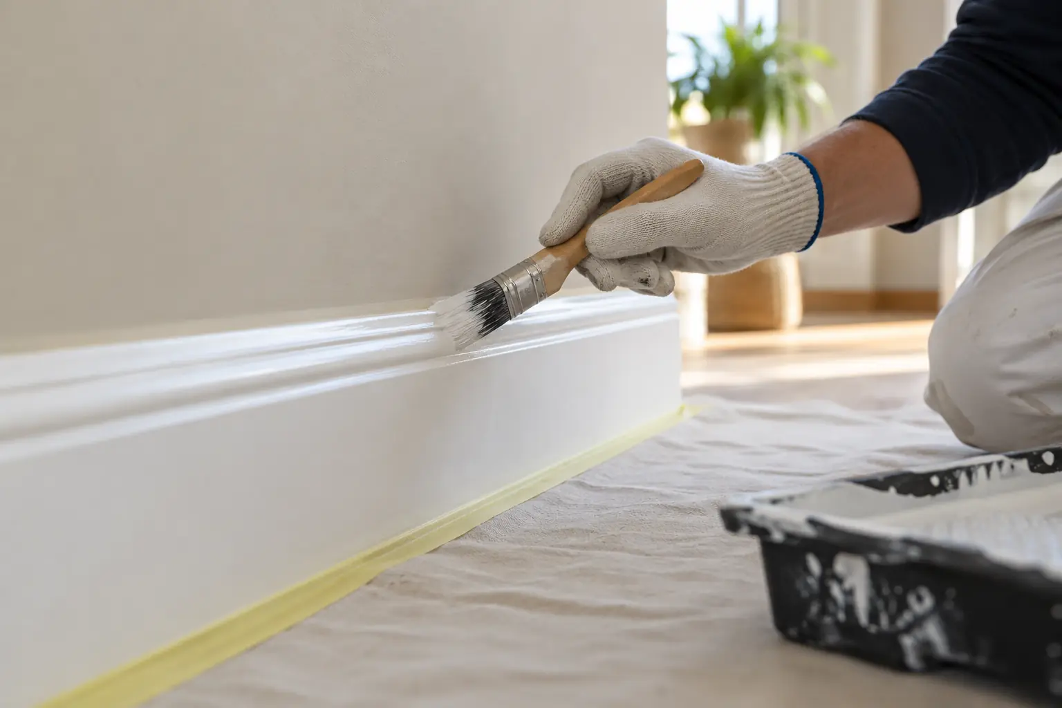 A brush carefully finishing painted skirting beside a wall