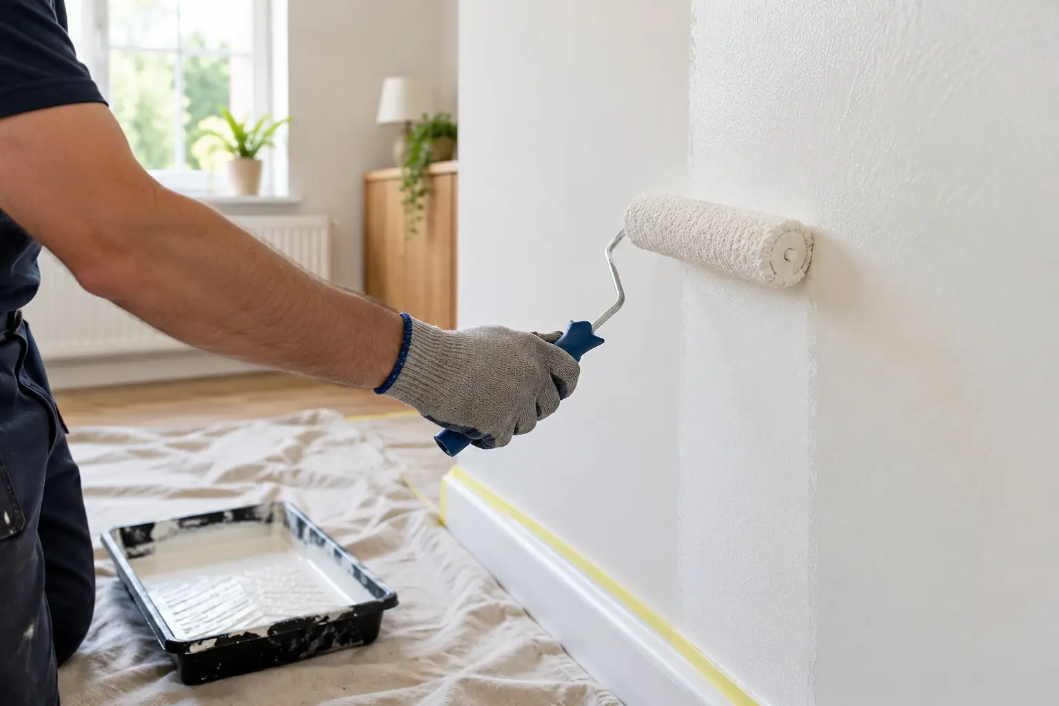 A paint roller refreshing an interior wall above a protected floor